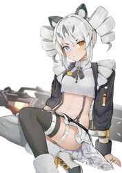  :/ absurdres animal_ears black_sleeves black_thighhighs blue_eyes breasts closed_mouth dodo_(yatotoyatoto) drill_hair fake_animal_ears female grey_hair grey_thighhighs heterochromia highres huge_weapon karenina:_ember_(deed_of_snow_leopard)_(punishing:_gray_raven) karenina_(punishing:_gray_raven) long_hair long_sleeves looking_at_viewer midriff navel orange_eyes punishing:_gray_raven sidelocks sitting skirt small_breasts solo thigh_strap thighhighs twin_drills twintails weapon white_background white_skirt 