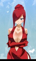  absurdres artist_name bare_shoulders blue_background blush breasts brown_eyes choker cleavage collarbone crossed_arms dress elbow_gloves erza_scarlet fairy_tail female gaston18 gloves hair_bun hair_over_one_eye heart highres large_breasts looking_at_viewer red_hair simple_background single_hair_bun sleeveless smile solo standing upper_body watermark 