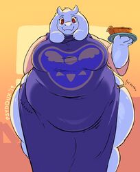  2019 anthro apron belly belly_overhang big_belly big_breasts bodily_noises boss_monster_(undertale) bovid breasts caprine clothing creaking dessert different_sound_effects dress female food goat hi_res horn huge_breasts huge_hips huge_thighs looking_at_viewer love_handles mammal mature_anthro mature_female navel_outline obese obese_anthro obese_female onomatopoeia overweight overweight_anthro overweight_female pastry pie plate psydoux purple_apron purple_clothing rumbling_stomach smile solo sound_effect_variant sound_effects standing text thick_thighs tight_clothing tight_dress toriel undertale undertale_(series) white_body wide_hips 