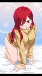  absurdres all_fours artist_name bed blush breasts brown_eyes earrings erza_scarlet eyes_visible_through_hair fairy_tail female full_body gaston18 hair_between_eyes highres jewelry large_breasts letterboxed long_hair looking_at_viewer no_pants on_bed red_hair smile solo sweater watermark 