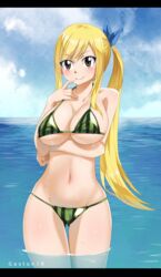  absurdres arm_under_breasts artist_name bikini blonde_hair blush breasts brown_eyes cleavage cloud collarbone colorized covered_nipples cowboy_shot day eyes_visible_through_hair fairy_tail female finger_to_mouth food_print gaston18 hair_between_eyes highres large_breasts long_hair lucy_heartfilia mashima_hiro navel outdoors side_ponytail sky smile solo standing stomach swimsuit wading water watermark watermelon_print wet 