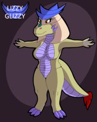  2021 anthro biped breasts claws dragon english_text eyelashes featureless_breasts female hi_res juna_june_(lizzyglizzy) lizzyglizzy mythological_creature mythological_scalie mythology nude purple_body purple_claws purple_scales purple_spikes scales scalie smile solo spikes spikes_(anatomy) t-pose tail tan_body tan_scales text yellow_eyes 