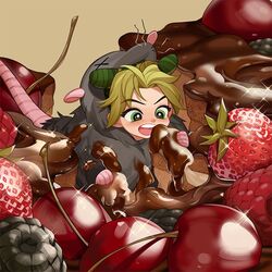  :d animal_costume animal_hands blackberry_(fruit) blush cake cherry chibi chocolate chocolate_cake chocolate_syrup double_bun eating female food food_on_clothes fruit ginmu green_eyes green_hair hair_bun holding holding_food icing in_food jojo_no_kimyou_na_bouken kujo_jolyne looking_at_object mini_person minigirl mouse_costume mouse_tail multicolored_hair open_mouth raspberry sitting_on_food smile solo sparkle stone_ocean strawberry symbol_in_eye tail two-tone_hair v-shaped_eyebrows 