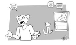  2021 anthro belly big_belly clothing dialogue dialogue_box digital_media_(artwork) dot_eyes duo electronics english_text felid freckles_(artist) fully_inside greyscale hi_res humor male male_pred mammal monochrome open_mouth open_smile pantherine shirt simple_background smile t-shirt television text tongue tongue_out topwear vore wide_eyed 