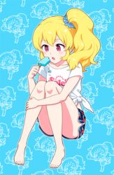  &gt;o&lt; :d :o aikatsu! aikatsu!_(series) bare_legs barefoot blonde_hair blue_background blue_scrunchie blush chibi collarbone eating female floral_print food full_body group_name hair_ornament hair_over_shoulder hair_scrunchie hair_up heart high_side_ponytail hoshimiya_ichigo hugging_own_legs ice_cream kiriya_aoi knees_together_feet_apart knees_up legs long_hair open_mouth pink_eyes popsicle scrunchie shirt shorts side_ponytail sitting smile solo_focus t-shirt white_shirt yoban 