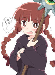  bad_id bad_pixiv_id black_dress blunt_bangs blush braid bright_pupils brown_eyes commentary_request dress duplicate female flying_sweatdrops holding holding_staff ixy kukuri_(mahoujin_guruguru) long_hair long_sleeves looking_at_viewer mahoujin_guruguru open_mouth pixel-perfect_duplicate red_hair simple_background solo speech_bubble staff translation_request twin_braids white_background white_pupils 