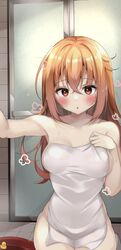  alternate_breast_size areola_slip arm_up blush breast_hold breasts cleavage collarbone covered_nipples covering_privates cowboy_shot crossed_bangs curvy eyelashes eyes_visible_through_hair female glass_door hair_between_eyes hair_down highres inaba_meguru large_breasts long_hair looking_at_viewer nude_cover open_mouth orange_eyes orange_hair rubber_duck sanoba_witch shower_(place) sitting solo straight-on tile_wall tiles towel wavy_hair wet wet_hair yosh1na 