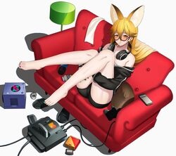  animal_ear_fluff animal_ears bare_legs bare_shoulders barefoot black_shorts blonde_hair cellphone couch deku_suke ezo_red_fox_(kemono_friends) feet female flip-flops fox_ears fox_girl fox_tail full_body game_boy_advance_sp game_cartridge game_console gamecube glasses hair_between_eyes handheld_game_console headphones headphones_around_neck highres hugging_own_legs japari_symbol kemono_friends long_hair long_sleeves looking_at_viewer mouth_hold multicolored_nails nail_polish nintendo_64 nintendo_64_controller off_shoulder orange_eyes phone sandals semi-rimless_eyewear short_shorts shorts simple_background sitting smartphone solo tail tamagotchi tamagotchi_(virtual_pet) toenail_polish toenails toes under-rim_eyewear white_background 