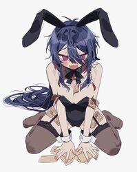  3j_dangan :3 :d animal_ears arisugawa_dice banknote bare_shoulders between_breasts black_bow black_bowtie black_leotard blue_hair blush bow bowtie breasts brown_thighhighs detached_collar fake_animal_ears female fingernails from_above genderswap_(mtf) hair_between_eyes highres hypnosis_mic leotard long_hair money money_between_breasts oerba_yun_fang open_mouth pink_eyes playboy_bunny rabbit_ears rule_63 sidelocks sitting smile solo sweat thighhighs tucked_money very_long_hair wariza wrist_cuffs 