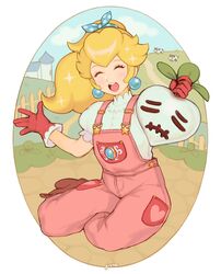  :d ^_^ alternate_costume alternate_hairstyle animal blonde_hair blue_sky bovine closed_eyes cloud commentary crown day earrings english_commentary facing_viewer farm farmer female gloves happy highres jewelry jivke long_hair mario_(series) md5_mismatch open_mouth outdoors overalls pink_overalls ponytail princess_peach red_gloves short_sleeves sitting sky smile solo sparkle sphere_earrings super_smash_bros. teeth turnip turnip_(mario) upper_teeth_only yokozuwari 