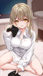  aki_rinco barefoot bed bison_cangshu breasts brown_hair cleavage collared_shirt commentary_request controller dress_shirt female flat_screen_tv game_controller hair_between_eyes hand_up highres holding indoors long_hair long_sleeves looking_at_viewer medium_breasts on_floor pillow project-sp shirt sleeves_past_wrists solo television virtual_youtuber white_shirt yellow_eyes 