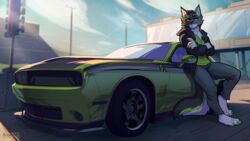  16:9 2021 4_toes 5_fingers ailaanne anthro barefoot black_hair black_nose bleachers bottomwear building canid canine canis car cheek_tuft chest_tuft claws clothed clothing cloud day depth_of_field detailed_background digital_media_(artwork) dodge_(brand) dodge_challenger eyebrow_through_hair eyebrows facial_tuft feet fingers fluffy fluffy_tail fully_clothed fur green_body green_claws green_eyes green_fur green_hair grey_body grey_fur hair hi_res hoodie inner_ear_fluff leaning leaning_backward looking_at_viewer male mammal multicolored_body multicolored_fur multicolored_hair neck_tuft outside pants plantigrade race_track shirt sky smile smirk solo standing t-shirt tail toe_claws toes topwear translucent translucent_hair tuft two_tone_hair vehicle watermark white_body white_fur widescreen wolf 