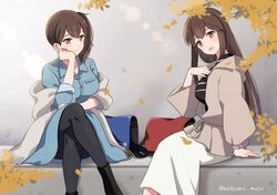  akagi_(kancolle) alternate_costume alternate_legwear black_shirt blue_dress breast_pocket breasts brown_eyes brown_hair casual commentary_request dress feet_out_of_frame gradient grey_background grey_jacket hair_between_eyes heart highres jacket kaga_(kancolle) kantai_collection long_hair long_sleeves looking_at_viewer medium_breasts natsume_(natsume_melio) official_alternate_costume one-hour_drawing_challenge pantyhose pocket shirt short_sidetail side_ponytail sitting skirt smile straight_hair striped_clothes striped_shirt twitter_username white_jacket white_skirt 