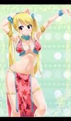  absurdres armband armpits arms_up artist_name bare_shoulders blonde_hair blush bracelet breasts brown_eyes cleavage collarbone eyes_visible_through_hair fairy_tail feet_out_of_frame female gaston18 hair_between_eyes highres jewelry large_breasts long_hair looking_at_viewer lucy_heartfilia navel pelvic_curtain sleeveless smile solo standing thigh_bands twintails watermark 