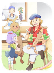  1boy 2girls apron balloon_animal blue_dress blue_eyes blue_hair brown_hair closed_eyes dress flower_pot gen_2_pokemon holding holding_plate kagachi_(pokemon) largo_(pokemon) lily_(pokemon) mei_(maysroom) multiple_girls plate pokemon pokemon_(anime) pokemon_m21 purple_hair red_shirt shirt short_hair sparkle striped striped_legwear sudowoodo tagme thighhighs waitress 