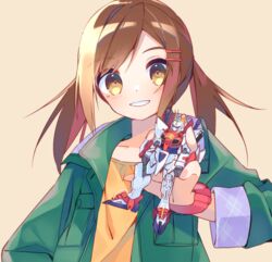  2y_(tsuyu) beige_background blazing_gundam blue_eyes blush brown_eyes brown_hair collarbone female flat_chest green_jacket gundam gundam_breaker gundam_breaker_3 gundam_breaker_battlogue gunpla hair_ornament hairclip holding holding_toy jacket looking_at_viewer model_kit orange_shirt satsukino_misa science_fiction shirt smile toy twintails upper_body v-fin watch wristwatch 