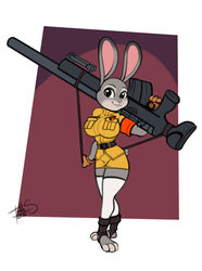  2020 anthro armband big_breasts bottomwear breasts clothing cosplay disney female freckles_(artist) fur grey_body grey_fur gun hellsing hellsing_ultimate hi_res judy_hopps lagomorph legwear leporid mammal rabbit ranged_weapon rifle rifle_sling seras_victoria simple_background skirt smile solo stockings toeless_legwear uniform weapon wide_eyed zootopia 