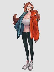  alternate_costume alternate_hairstyle android_21 black_pants blue_eyes breasts cleavage commentary_request crop_top dragon_ball dragon_ball_fighterz female full_body glasses hand_in_pocket kemachiku long_hair looking_at_viewer medium_breasts midriff navel open_mouth pants ponytail red_hair shoes smile sneakers solo 