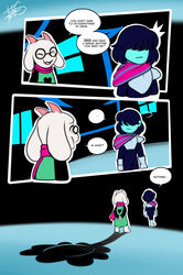  2021 3_panel_comic anthro armor black_hair blue_body blue_skin bovid caprine clothing curved_horn deltarune dialogue dialogue_box duo english_text fangs floppy_ears freckles_(artist) fur goat hair hair_over_eyes horn human humor kris_(deltarune) male male/male mammal monster open_mouth open_smile ralsei scarf shirt smile teeth text topwear tunic undertale_(series) white_body white_fur wide_eyed 