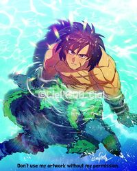  1boy abs bara black_eyes black_hair broly_(dragon_ball_super) dragon_ball dragon_ball_super dragon_ball_super_broly full_body looking_at_viewer looking_up male_focus medium_hair muscular muscular_male nipples pants partially_submerged pectorals scar scar_on_chest skin_tight smile solo spiked_hair stomach tarutobi tight_clothes tight_pants topless_male water watermark wet 