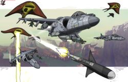  absurd_res aircraft airplane alien alpha_channel artist_logo artist_name black_mesa blurred_background bomb brown_body clerian countershading cybernetics cyborg detailed_background digital_media_(artwork) explosives fight flying green_sky group half-life harrier hi_res jet laser laser_beam living_machine logo machine manta_ray_(half-life) missile mountain multicolored_body nature nature_background not_furry orange_body outside river sky tan_body valve vehicle yellow_body yellow_sky 