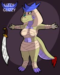  2021 anthro biped breasts claws clothing dragon english_text eyelashes female hi_res juna_june_(lizzyglizzy) lizzyglizzy mythological_creature mythological_scalie mythology purple_body purple_claws purple_scales purple_spikes scales scalie smile solo spikes spikes_(anatomy) t-pose tail tan_body tan_clothing tan_scales text wrappings yellow_eyes 