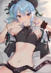  adapted_costume armpits bad_id bad_pixiv_id bed_sheet black_hat black_panties blue_hair blush breasts female hair_between_eyes hair_ribbon hands_up haru_on hat highres holding holding_own_hair hololive hoshimachi_suisei hoshimachi_suisei_(casual) jacket looking_at_viewer lying medium_hair nail_polish navel on_back on_bed open_clothes open_jacket panties parted_lips purple_eyes purple_nails ribbon side_ponytail sleeveless sleeveless_jacket small_breasts solo star_(symbol) star_bracelet star_in_eye stomach symbol_in_eye underwear virtual_youtuber wrist_cuffs 