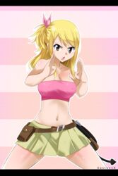  absurdres artist_name bare_shoulders belt belt_buckle blonde_hair blush breasts brown_eyes buckle cleavage collarbone colorized covered_nipples cowboy_shot fairy_tail female gaston18 highres large_breasts looking_at_viewer lucy_heartfilia mashima_hiro medium_hair midriff miniskirt navel open_mouth pouch skirt solo standing stomach strapless striped striped_background tube_top watermark whip 