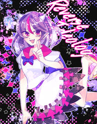  :d abstract_background arrow_print back_bow black_background black_hair blue_bow blush bow breasts commentary_request dotted_background dress english_text female foot_out_of_frame highres horns index_finger_raised kijin_seija knees legs multicolored_hair oerba_yun_fang one-hour_drawing_challenge open_mouth partial_commentary pointy_ears puffy_short_sleeves puffy_sleeves ratto_(mobilis_1870) red_eyes red_hair sandals short_hair short_sleeves skin_fang slit_pupils small_breasts smile solo star_(symbol) streaked_hair touhou white_dress white_hair white_horns 