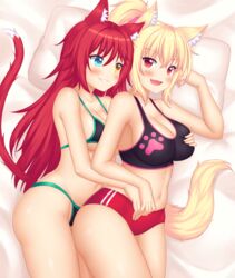  2girls :d absurdres animal_ear_fluff animal_ears bare_shoulders bed_sheet bikini black_bikini black_sports_bra blonde_hair blue_eyes blush breasts buruma cat_ears cat_girl cat_tail collarbone covered_nipples deep_skin grabbing grabbing_another&#039;s_breast grabbing_from_behind grin groin groping hair_between_eyes halterneck heterochromia highres indoors large_breasts long_hair looking_at_viewer lying micro_bikini multiple_girls navel nottytiffy oerba_yun_fang on_bed on_side open_mouth original paid_reward pillow print_sports_bra red_buruma red_eyes red_hair sidelocks slit_pupils smile source_request sports_bra stomach swimsuit tail tiffy_(nottytiffy) underboob yellow_eyes yuri 