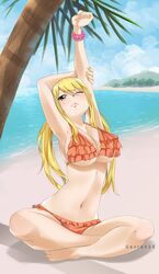  ;&lt; absurdres armpits arms_up artist_name barefoot beach bikini blonde_hair blush breasts brown_eyes cleavage collarbone colorized crossed_legs eyes_visible_through_hair fairy_tail female full_body gaston18 hair_between_eyes highres large_breasts long_hair looking_at_viewer lucy_heartfilia mashima_hiro mountain navel one_eye_closed outdoors palm_tree sand sitting solo stomach stretching swimsuit tree twintails water watermark 