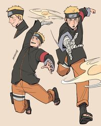  1boy aerokinesis aged_up bandaged_arm bandages bandana black_bandana blonde_hair blue_eyes blush collage energy energy_ball etceteraart facial_mark forehead_protector full_body highres konohagakure_symbol magic male_focus naruto:_the_last naruto_(series) ninja official_alternate_costume orange_pants pants rasen_shuriken rasengan short_hair smile throwing uzumaki_naruto whisker_markings wind 