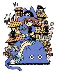  :o air_conditioner animal_hat aqua_footwear aqua_shorts baseball_cap black_cat black_shirt blue_cat blue_hat blue_sleeves blush_stickers bright_pupils brown_eyes brown_hair building cat_hat chimney commentary_request condenser_unit dot_nose feline female fish_bone_print fly_agaric full_body garouma hat highres hug looking_at_viewer loose_socks medium_hair mushroom original parted_lips print_headwear radio_antenna raglan_sleeves shirt shoes short_shorts short_sleeves shorts signature simple_background sitting smoke sneakers socks solo t-shirt translation_request white_background white_pupils white_socks 