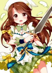  :d alternate_costume apron blue_bow bow braid breasts brown_eyes brown_hair cleavage commentary_request cowboy_shot detached_sleeves feathers female gradient_background green_background hairbow highres holding holding_sword holding_weapon kin-iro_mosaic kirara_fantasia long_hair looking_at_viewer matsubara_honoka open_mouth petticoat plaid ruu_(tksymkw) short_sleeves side_braid single_braid smile solo standing sword weapon white_apron white_feathers white_headwear wrist_cuffs yellow_bow 