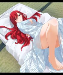  absurdres artist_name ass barefoot blush breasts brown_eyes cleavage erza_scarlet eyes_visible_through_hair fairy_tail feet female full_body futon gaston18 hair_between_eyes highres large_breasts long_hair looking_at_viewer lying on_back panties pillow red_hair solo tatami underwear watermark 