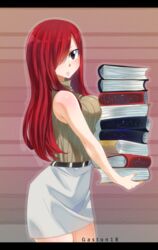  absurdres artist_name bare_shoulders belt belt_buckle blush book breasts brown_eyes buckle colorized cowboy_shot erza_scarlet fairy_tail female gaston18 hair_over_one_eye highres holding holding_book large_breasts long_hair looking_at_viewer mashima_hiro red_hair skirt sleeveless solo standing watermark 