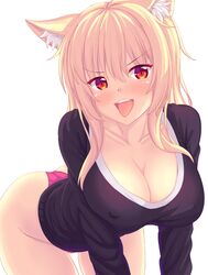  absurdres all_fours animal_ear_fluff animal_ears ass black_shirt blonde_hair blush breasts breasts_squeezed_together cleavage collarbone covered_nipples dog_ears dog_tail eyelashes female hair_between_eyes hanging_breasts highres large_breasts long_hair long_sleeves looking_at_viewer no_pants nottytiffy oerba_yun_fang open_mouth original paid_reward panties patreon_reward red_eyes red_panties scoop_neck shirt sidelocks simple_background slit_pupils smile solo source_request tail teeth tiffy_(nottytiffy) tongue tongue_out underwear upper_teeth_only white_background 