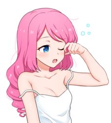  ;o aikatsu!_(series) aikatsu_stars! armpit_crease bare_shoulders blue_eyes blush breasts camisole drill_hair female hair_down long_hair looking_away medium_breasts messy_hair no_bra one_eye_closed open_mouth pink_hair rubbing_eyes sakuraba_rola simple_background sleepy solo strap_slip upper_body waking_up white_background yawning yoban 