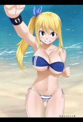  absurdres armpits artist_name beach bikini blonde_hair breasts brown_eyes cleavage collarbone colorized covered_nipples cowboy_shot fairy_tail female gaston18 hair_between_eyes highres large_breasts long_hair looking_at_viewer lucy_heartfilia mashima_hiro navel sand side_ponytail solo standing stomach swimsuit teeth water watermark wristband 