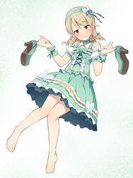  bad_id bad_pixiv_id bare_legs bare_shoulders barefoot bow breasts brown_eyes choker dress drill_hair female flower frilled_dress frilled_skirt frills full_body green_dress green_footwear green_hairband green_ribbons green_wristband hair_flower hair_ornament hair_ribbon hairband high_heels highres holding holding_shoes idol idolmaster idolmaster_cinderella_girls idolmaster_cinderella_girls_starlight_stage light_brown_hair looking_at_viewer medium_hair morikubo_nono nail_polish parted_lips puffy_short_sleeves puffy_sleeves pumps revision ribbon shoes short_sleeves simple_background skirt small_breasts solo toenail_polish toenails uccow unworn_shoes wavy_mouth wrist_cuffs 