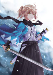  ahoge arm_guards black_hakama black_scarf blonde_hair bow closed_mouth fate/grand_order fate_(series) female hair_between_eyes hairbow hakama hakama_skirt hand_up haori highres holding holding_sheath holding_sword holding_weapon ice japanese_clothes kimono long_sleeves medium_hair miying_(13975192760) okita_souji_(fate) okita_souji_(koha-ace) ponytail scarf sheath shinsengumi sidelocks skirt solo standing sword weapon white_kimono wide_sleeves yellow_eyes 