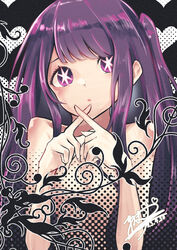  absurdres bare_shoulders blunt_bangs closed_mouth commentary_request convenient_censoring female highres hoshino_ai_(oshi_no_ko) idol long_hair maromayu04510 nude one_side_up oshi_no_ko purple_eyes purple_hair sidelocks solo star-shaped_pupils star_(symbol) symbol-shaped_pupils x_fingers 