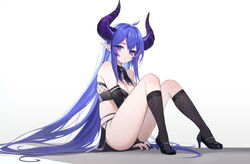  absurdres ahoge ass bad_id bad_pixiv_id bandeau bare_shoulders between_legs black_footwear black_skirt black_socks breasts cleavage demon_horns detached_collar detached_sleeves diamond-shaped_pupils diamond_(shape) female high_heels highres horns lalazyt long_hair long_sleeves looking_at_viewer medium_breasts midriff miniskirt nail_polish original parted_lips pointy_ears purple_eyes purple_hair revealing_clothes revision simple_background sitting skindentation skirt socks solo strapless symbol-shaped_pupils thighs very_long_hair white_background 