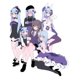  6+girls absurdres aged_down alternate_costume anger_vein apron bad_id bad_pixiv_id beret black_apron black_footwear black_gloves black_headwear black_thighhighs blue_hair blush brown_hair clming closed_eyes commentary crossed_arms crossed_legs dress girls&#039;_frontline gloves green_eyes grey_hair hair_ornament hairband harem hat highres hk416_(black_kitty&#039;s_gift)_(girls&#039;_frontline) hk416_(girls&#039;_frontline) hk416_(herbal-flavored_hard_candy)_(girls&#039;_frontline) hk416_(mod3)_(girls&#039;_frontline) hk416_(starry_cocoon)_(girls&#039;_frontline) jacket long_hair long_sleeves looking_at_viewer mini_hat multiple_girls multiple_persona official_alternate_costume one_eye_closed purple_dress simple_background sitting standing thighhighs ump45_(diamond_flower)_(girls&#039;_frontline) ump45_(girls&#039;_frontline) white_background white_dress white_footwear white_gloves yellow_eyes yuri 