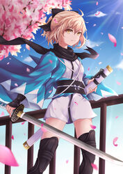  ahoge arm_guards black_scarf black_thighhighs blonde_hair bow closed_mouth cloud fate/grand_order fate_(series) female hair_between_eyes hairbow hand_up haori highres holding holding_sheath holding_sword holding_weapon japanese_clothes kimono knee_pads long_sleeves medium_hair miying_(13975192760) obi okita_souji_(fate) okita_souji_(koha-ace) petals ponytail railing sash scarf sheath shinsengumi short_kimono sidelocks sky solo standing sunlight sword thighhighs thighs tree weapon white_kimono wide_sleeves yellow_eyes 