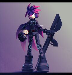  absurd_res alien anthro armor boots clothing fan_character female footwear gun hair headgear helmet hi_res holding_armor holding_gun holding_headgear holding_helmet holding_object holding_ranged_weapon holding_weapon looking_aside multicolored_eyes purple_body ranged_weapon sega solo sonic_the_hedgehog_(series) speen_(character) speendlexmk2 tied_hair uniform weapon 