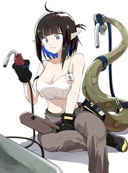  absurdres ahoge arknights bad_id bad_twitter_id bare_shoulders black_hair blue_eyes blue_hair blunt_bangs breasts camisole closed_mouth crop_top crop_top_overhang drawdrawdeimos eunectes_(arknights) eunectes_(forgemaster)_(arknights) female gas_pump_nozzle gloves highres multicolored_hair navel official_alternate_costume pants pointy_ears short_hair smug snake_tail solo tail two-tone_hair welding_mask 