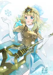  armor armored_dress axe battle_axe blonde_hair blue_dress blue_eyes blue_flower blue_hair blush breastplate commentary_request dated dress earrings elbow_gloves female fire_emblem fire_emblem_heroes fjorm_(fire_emblem) fjorm_(ice_ascendant)_(fire_emblem) flower fur-trimmed_collar fur_trim gloves gradient_hair hair_flower hair_ornament holding holding_axe holding_weapon jewelry kero_sweet lips long_hair looking_away looking_to_the_side multicolored_hair open_mouth parted_lips pink_lips shoulder_armor sidelocks signature smile snow snowflakes snowing streaked_hair tiara two-tone_hair weapon white_gloves 