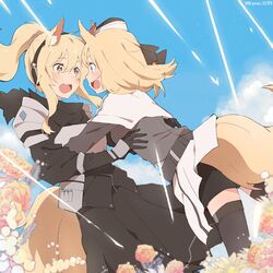  2girls animal_ear_fluff animal_ears arknights armor aunt_and_niece beret black_bow blonde_hair blue_eyes blue_sky blush bow breastplate dress feathers flower hairbow hat highres horse_ears horse_girl horse_tail hug kyou_039 large_tail long_dress long_hair long_sleeves looking_at_another multiple_girls nearl_(arknights) open_mouth signature sky tail thighhighs twitter_username whislash_(arknights) white_armor yellow_eyes zettai_ryouiki 