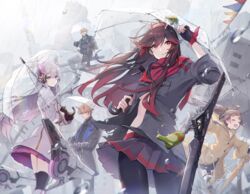  2boys 3girls black_gloves black_hair black_jacket black_pantyhose black_skirt blue_horns fingerless_gloves gloves grey_hair grey_jacket headphones highres holding holding_umbrella horns jacket kamui:_bastion_(punishing:_gray_raven) kamui_(punishing:_gray_raven) lee:_entropy_(punishing:_gray_raven) lee_(punishing:_gray_raven) light_brown_hair liv:_eclipse_(punishing:_gray_raven) liv_(punishing:_gray_raven) long_hair multicolored_hair multiple_boys multiple_girls nanami:_pulse_(punishing:_gray_raven) nanami_(punishing:_gray_raven) nasubi_(1ra1ri1ko2cho1mi2na) oni_horns pantyhose pleated_skirt ponytail punishing:_gray_raven purple_eyes red_hair red_scarf scarf skirt streaked_hair transparent transparent_umbrella umbrella 